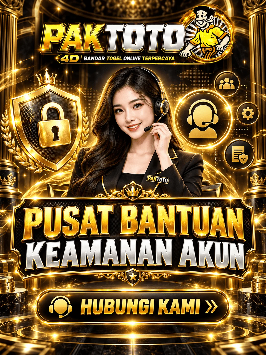Banner PAKTOTO Pusat Bantuan Keamanan Akun dengan ikon gembok, layanan bantuan, dan kontak